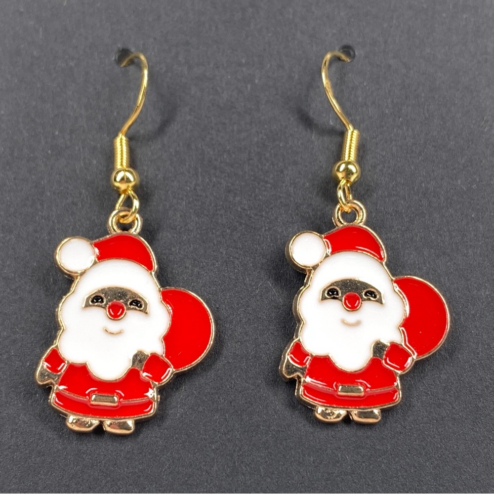 5/$25 Christmas Earrings Santa Claus Red White Enamel Gold Tone Dangle St. Nick